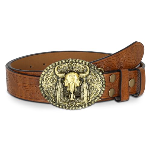 Western Cowboy Cowgirl Belt, Country Belt for Men Women, Genuine Leather Bull Buckle Belts