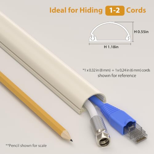 Image of ZhiYo 56in Cord Hider for 2-3 Wall-Mounted TV Wires, 1.2 inchW x 0.55 inchH, Beige | Split-Hinge Design for Easy Installation, Half-Round Glazed Finish Ideal for Wall /Baseboard, Self-Adhesive, 4Pack(14.2 inch Each)