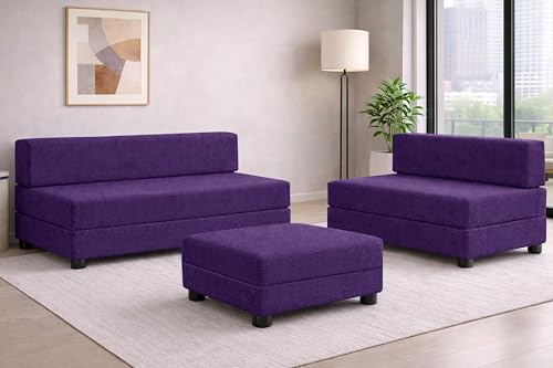 Image of Rosebell 3+2 Convertible Leg Sofa Cum Bed Set with Ottoman Foldable Modular Seating & Sleeper ? Space Saving Living Room Furniture Jute Fabric-Purple