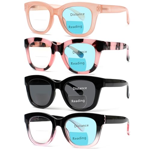 Henotin 4 Pack Bifocal Reading Glasses include Sun Readers for Women Oprah Style Square Blue Light Blocking Eyeglasses (Mix Color, 2.00, x)