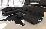 XXL Sofa Wohnlandschaft Swing Ledersofa U Form - mit LED Beleuchtung, verstellbare Kopfstützen, Recamiere/Lederfarben wählbar/Ausrichtung wählbar/USB Anschluss (Ottomane Links, Black)