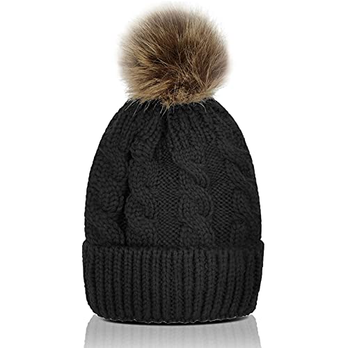 Image of Whiteleopard Kid Beanie Hats Lining Pom Pom for Children -Slouchy Cable Knit Toddler Skull Hat Baby Ski Cap for Girls Boys