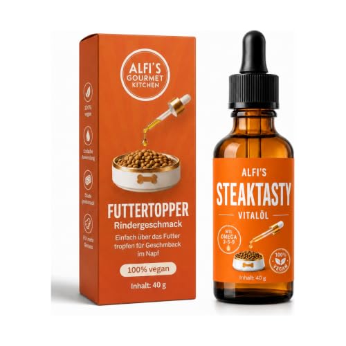 Alfi's Vitalöl Appetitanreger für Hunde & Katzen Steak Aroma – Geschmacksöl zur Unterstützung der Futterakzeptanz – mit Omega 3-6-9 aus Leinöl, Olivenöl & Nachtkerzenöl – 140 Portionen