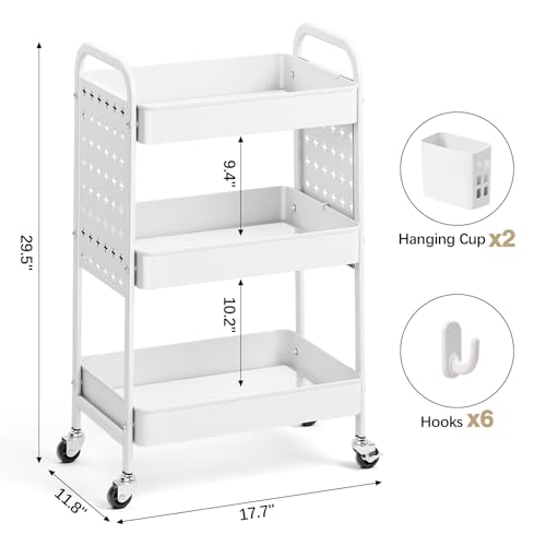 Image of KINGRACK 3 Tier Rolling Cart with DIY Pegboard, Metal Utility Cart with Wheels, Hooks & Baskets, Sturdy Storage Organizer for Craft, Bathroom, Kitchen, Office, Nursery, Classroom (White)