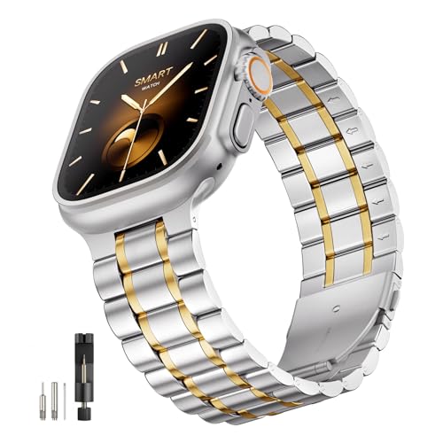 Image of Bestig Compatible with Apple Watch Bands for Men Women 49mm 46mm 45mm 44mm 42mm(Series 3 2 1), Stainless Steel Metal Business Wristband Strap for iWatch Ultra Series 11 10 9 8 7 6 SE 5 4, Silver /Gold