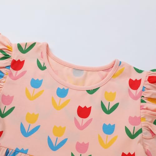 Image of Girl Long Sleeve Dress Ruffle Rainbow Color Block Cotton Casual Tiered Pleated Twirly Dress