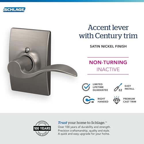 Image of SCHLAGE Accent Lever with Century Trim Non-Turning Lock in Satin Nickel - Right Handed