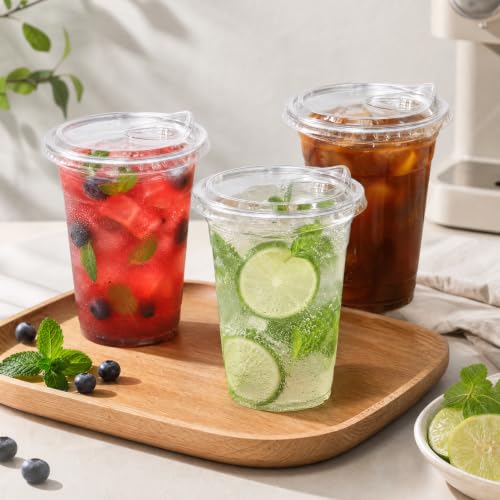 Image of Ginkgo 100 Pack 20 oz Clear Plastic Cups with Strawless Sip Lids