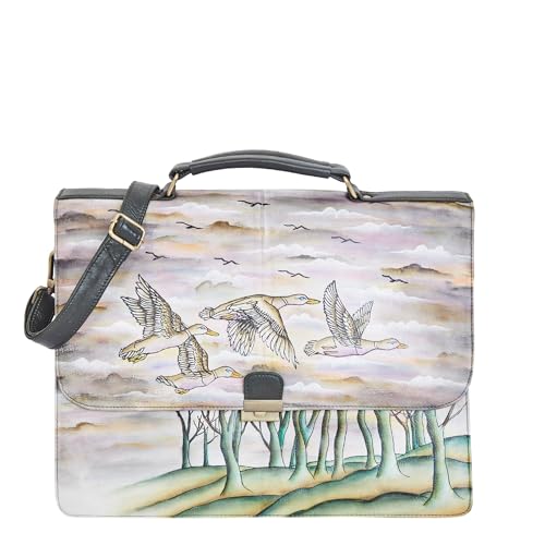 Women Hand-Painted Bird Artwork Leather Office Briefcase Shoulder Bag – Top Handle Work Sling Bag, Crossbody Laptop Business Bag