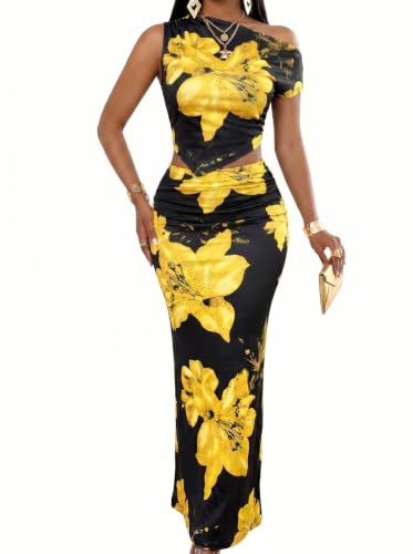 Image of BARASA Two Piece Sets For Women Summer Vacation Sexy Bodycon Outfits DS75 | Elegant Asymmetrical One Shoulder Crop Top And Ruched High Waist Long Maxi Skirt Set For Women Summer Vacation