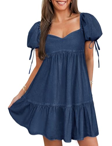 POTILI Denim Dress for Women Puff Short Sleeve Jean Dresses Sweetheart Neck Denim Mini Dress