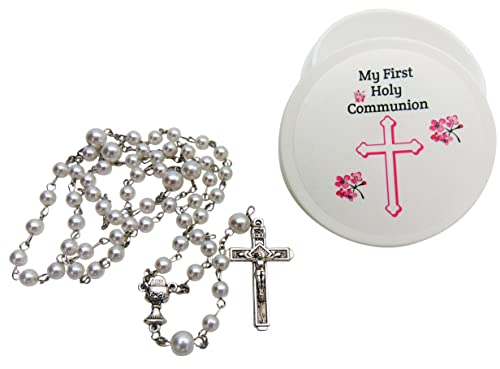 Westmon Works First Communion Rosary White Glass Bead Catholic Deluxe Set with Case for Ladies
