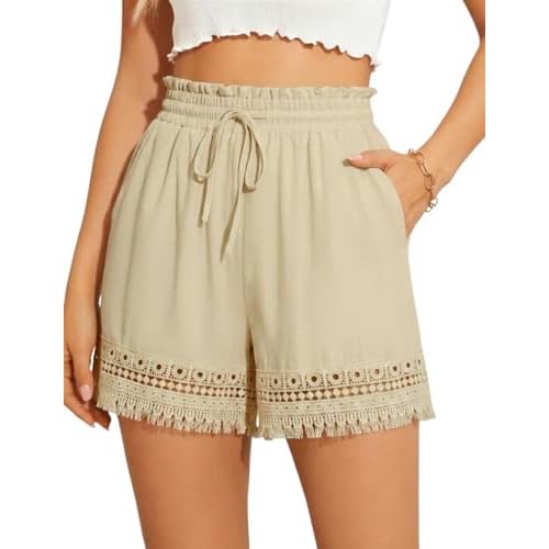 AKEWEI Womens Elastic High Waist Cotton Shorts Casual Ladies Drawstring Lace Summer Beach Shorts