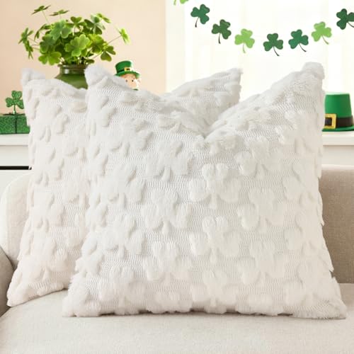 Image of decorUhome St. Patrick's Day Shamrock Pillow Covers 20x20 Inch Set of 2, Soft Plush Faux Wool Cream White Throw Pillow Covers, Farmhouse Spring Holiday Decor for Sofa Living Room