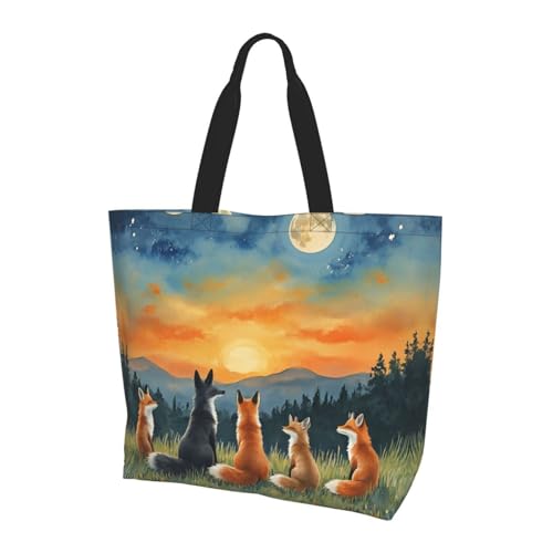 OLUSENMO Magical Moonlit Fox Family Tote Bag Large Durable Handbag Lightweight & Stylish,Perfect for Beach/Travel/Work-19.7x15.7x5.9 Inch