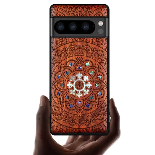 Carveit 木製 カバー 対応 Google Pixel 8 Pro ケース, 手でインレイ/象嵌 綺麗な貝張り+ブラックソフトTPU 内部シェル, 耐衝撃 ピクセル 8 Pro ケース(6.7インチ), 対応 ワイヤレス充電器 Pixel 8 Pro