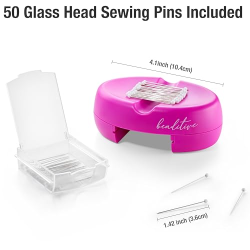 Image of Beaditive Magnetic Pin Cushion with Drawer - Strong Magnet Pin Holder Cushions for Sewing - 50 Glass Head Quilting Pins Included - Chic Pincushion Caddy for Sewing Pins, Paper Clips, Screws - Fuchsia