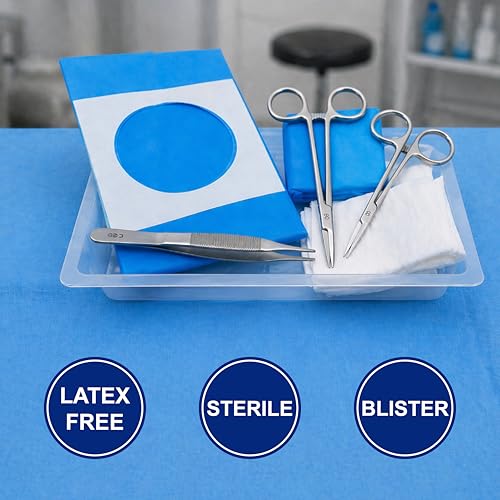 KMINA Chirurgisches Nahtset Steril, 1 Set, Mit Selbstklebendem Lochtuch, 5 Kompressen, Adson Pinzette, Nadelhalter und Schere, Latexfrei, Starre Blisterverpackung