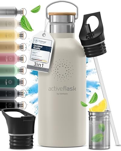 Trinkflasche Edelstahl mit Strohhalm, Infuser + 3 Deckel: BPA-frei, Auslaufsicher, Kohlensäure geeignet - Wasserflasche Fahrrad Thermosflasche Isoliert Isolierflasche Sport Wasser