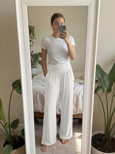 Image of ODODOS Women's Wide Leg Palazzo Lounge Pants with Pockets Light Weight Loose Comfy Casual Pajama Pants-28 inseam, Off White, Large