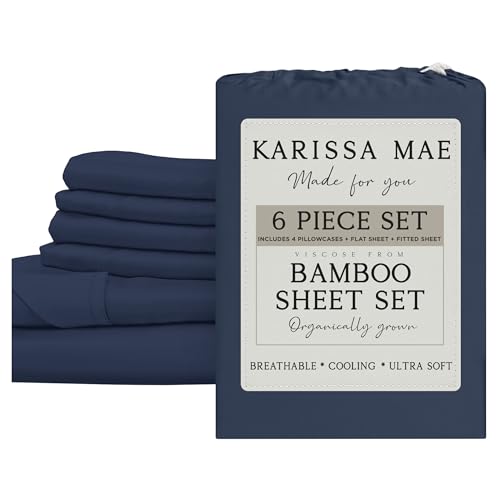 Image of KARISSA MAE 6 Piece Luxury Bamboo Viscose Queen Sheet Set, 4 Pillowcases | FSC Certified | Cooling | Ultra Soft | 18 inch Deep Pockets | Elastic Corner Straps | Includes Organizer Band [Navy]