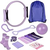 HAKELPOK Pilates Kit for Home Workouts Yoga for Women-12-Piece with Ring,Yoga Ball,5 Resistance Bands,Figure-8 Band,Arm Stretcher,Grippy Socks,Storage Bag for Toning,Strength & Flexibility(Purple)