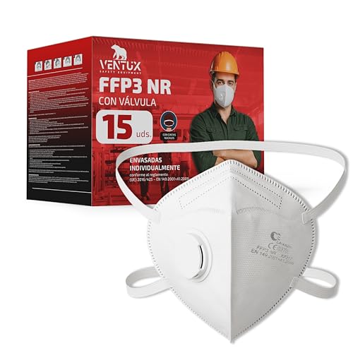 VENTUX SAFETY EQUIPMENT Pack de 15 Unidades - Mascarilla FFP3 con Válvula de Exhalación – Certificación CE – Filtración ≥99% – Desechable – Protección Respiratoria Profesional – Color Blanco
