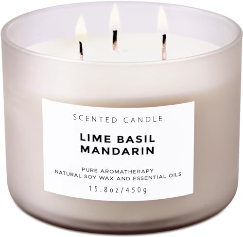 Lime Basil Mandarin Candle 3 Wick | Fresh Scented Candle Large 15.8 oz | Natural Soy Candle for Home Scented | Refreshing Home Fragrance Candle | Aromatherapy Stress Relief Candle for Women & Men