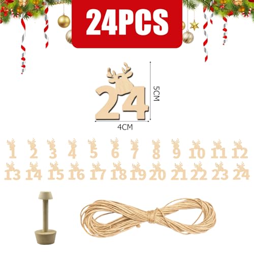 25 Stück Adventskalender Zahlen Holz Set Rentier Zahlen Holzanhänger 1–24 Adventskalender Sticker Holz Weihnachtsdeko zum Basteln & Aufhängen