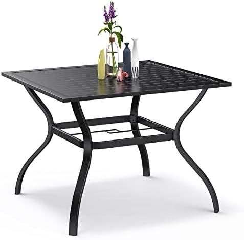 Bigroof Outdoor Patio 37" Square Dining Table Metal Steel Slat Backyard Bistro Table Outdoor Furniture Garden Table, with 1.57” Umbrella Hole, Black