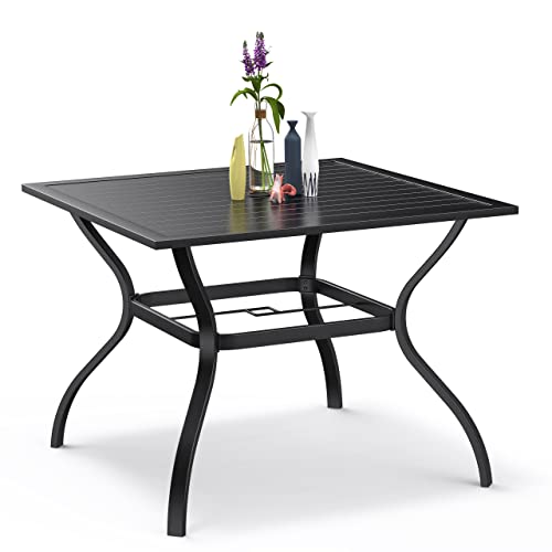 Bigroof Outdoor Patio 37" Square Dining Table Metal Steel Slat Backyard Bistro Table Outdoor Furniture Garden Table, With 1.57” Umbrella Hole, Black #TOP3