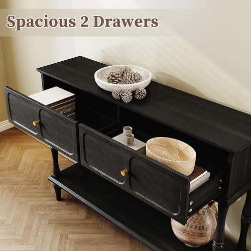 ARTPOWER Mid-Century Console Table for Entryway with 2 Drawers, Black Retro Entryway Table with Storage Cabinets and Open Shelf, Narrow Long Couch Table Behind Sofa for Living Room, Foyer, Hallway - Thumbnail 5