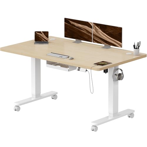 Airfish Elektrisch Höhenverstellbarer Schreibtisch 140x80cm mit Typ-C-Buchse, Elektrischer Schreibtisch Höhenverstellbar mit 18MM Tischplatte und Kabel Management Tray Steh-Sitz Tisch Stehpult Beige