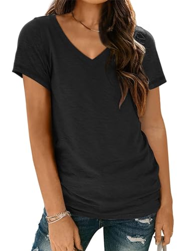 AirMood Women Sexy V Neck Casual Tee Tops Summer Short Sleeve Shirts Tshirt (Black,XL)