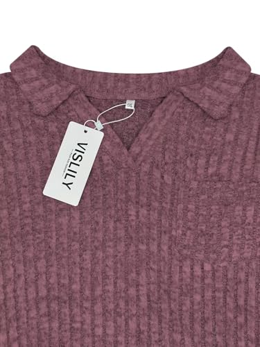 Image of VISLILY Womens-Plus-Size-Tops Collared V Neck Polo Shirts Lightweight Long Sleeve Sweaters Trendy Pocket Decor Tunic Blouses