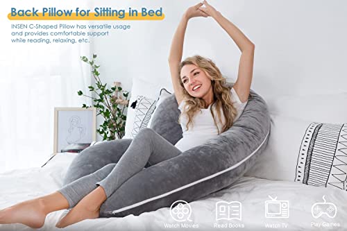 Image of C-Shaped Sleeping Pregnancy Pillow| Removable Washable Velvet Covers with Zipper| PregnoCare Fibres| Maternity, Nursing| Full Body Soft Support Bump, Head, Back, Shoulder, Hips, Legs and Belly (Grey)