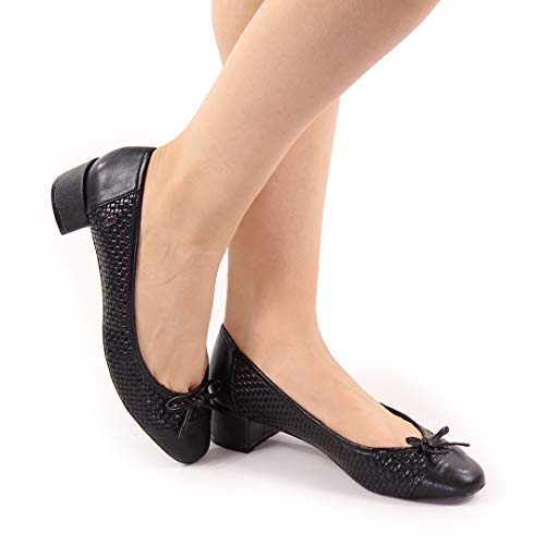Scarpin Preto Salto Grosso Baixo Tressê Bico Redondo com Laço (39 BR | 10 USA | 41 EUR)