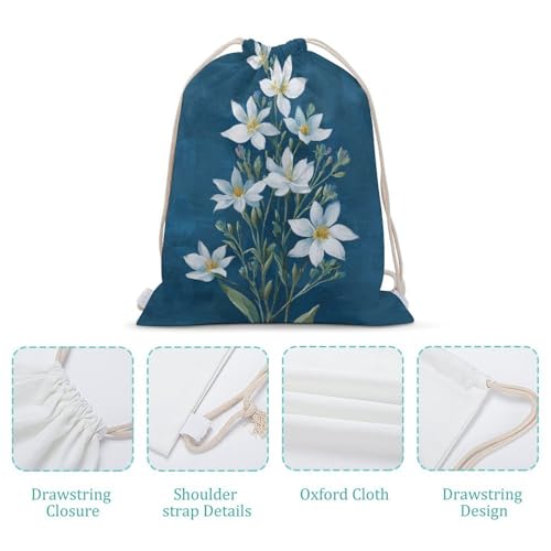 White Flower Green Leaves Drawstring Backpack Canvas String Bag Lightweight Sports Gym Bag for Men Women4