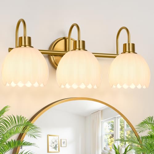 Image of Bathroom Light Fixtures, 3-Light Gold Vanity Light Fixtures with White Tulip Glass Shades, Bathroom Lighting Fixtures Over Mirror for Bedroom, Living Room & Hallway (Bulbs Not Included)