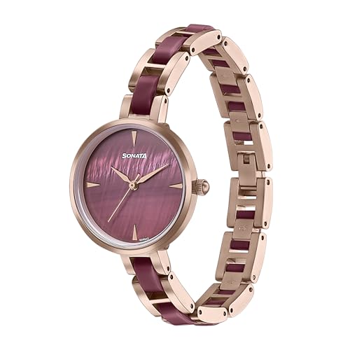 Image of Sonata Wedding Edit Quartz Analog Maroon Dial Stainless Steel with Acetate Strap Watch for Women