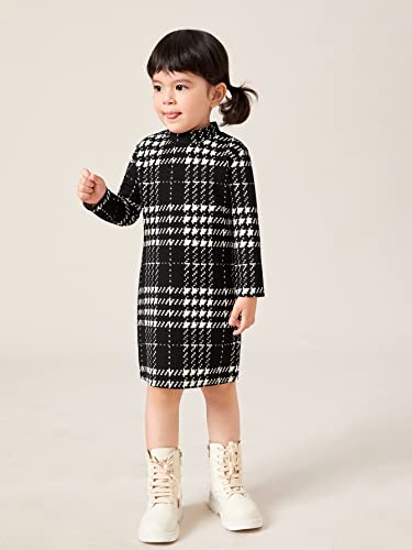 WDIRARA Toddler Girl's Plaid Houndstooth Long Sleeve Mock Neck Dress Button Dresses4