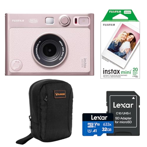Fujifilm Instax Mini Evo Instant Film Camera Black Bundle with Fujifilm instax mini Instant Daylight Film Pack 20 Exposures Slinger Alpine 2 Camera Bag Lexar 32GB Memory Card w/SD Adapter (Pink)