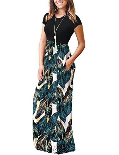 Image of MISFAY Women's Short Sleeve Maxi Dresses Long Casual Dresses with Pockets | Empire Elastic Waist, Crew Neck, Floor Length, Strentchy Flowy A Line Fit, Loose Plain Summer Outfits, Vacation Wear