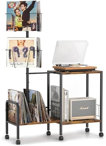 Lecteur Vinyle Bikoney Support Tourne-Disques Vinyle Avec Rangement - Jusqu'à 280 Albums - Meuble Média Style Rétro Tourne Disque
