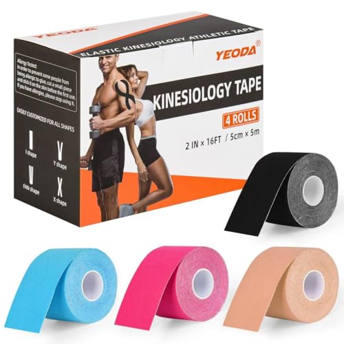 Yeoda Kinesiology Tape 4 Rolls, Original Cotton Elastic Premium Athletic Tape,16.4 ft Uncut Tape,Hypoallergenic and Waterproof for Muscle Pain Relief and Joint Support