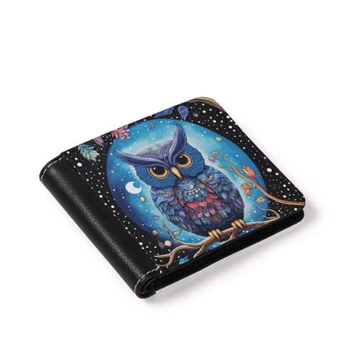 HUIACONG Aztec Owl Slim Wallet Men Heavy Duty Leather Moon Dots Design Short Coin Purse Card Holder Foldable Cash Clutch Wallet Gifts for Party Work4