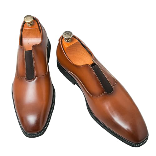 Men's Leather Elastic Band Low Top Dress Business Loafers Fashion Square Toe Low Heeled Slip-On Formal Tuxedo Derby Shoes Classic Plain Toe Modern Formal Leather Shoes