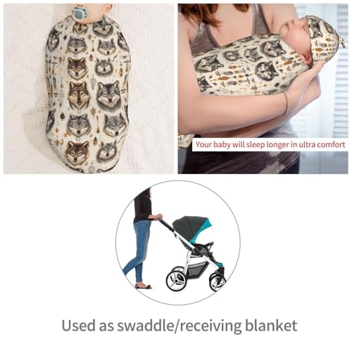 Image of Wolves and Arranged Newborn Swaddle Blankets Hat Sets Soft Baby Receiving Blanket Swaddle Sack for Baby Shower Infant Boy Girl Gift