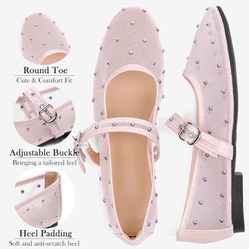Image of Mesh Ballet Flats Shoes for Women Comfortable Studded Mary Jane Shoes Ballerina Buckle Strap Business Office Work Dress Shoes