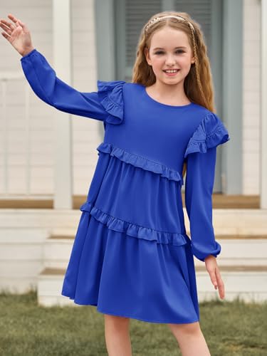 Haloumoning Girls Long Sleeve Dress Kids Ruffle Babydoll Dress Casual Party Swing Dresses 5-14 Years3